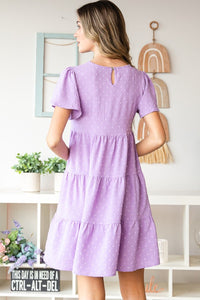 Women's Lilac Swiss Dot Short Sleeve Tiered Short Dress Petite and Plus Size Fashion Dresses