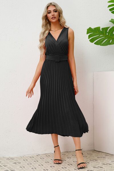 Women's Surplice Sleeveless Midi Pleated Dress