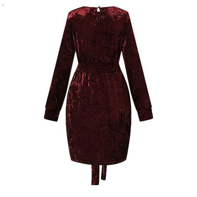 Tied Round Neck Long Sleeve Velvet Waist Tie Mini Dress