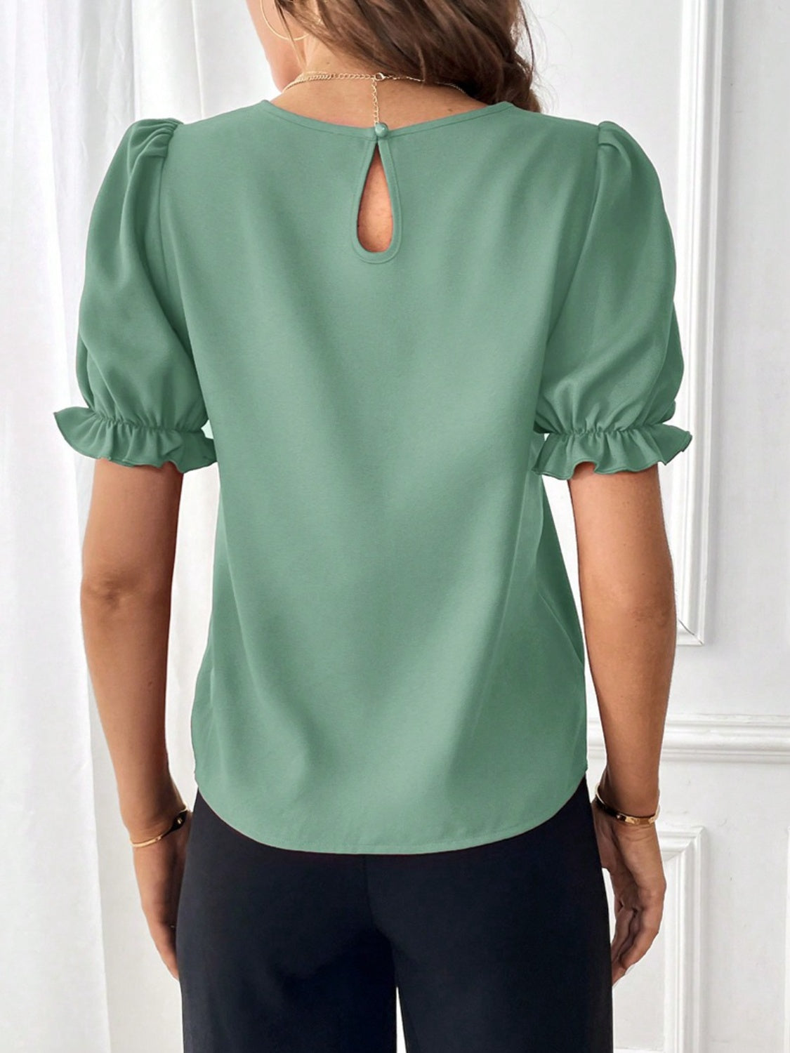 Solid Color Round Neck Flounce Short Sleeve Blouse Women's Casual Workwear Fashion