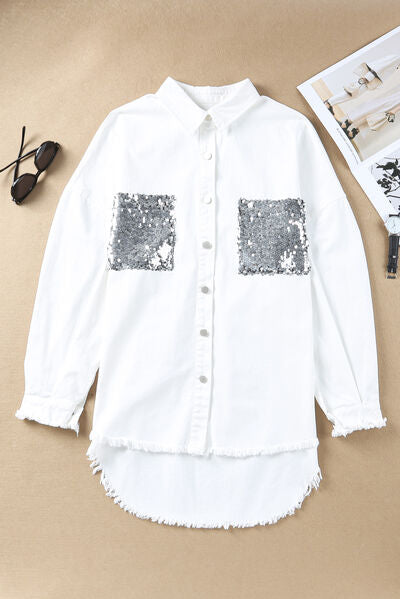 White Denim Shirt 100% Luxury Cotton Women's Long Sleeve Sequin Pockets Raw Hem Dropped Shoulder Shirt