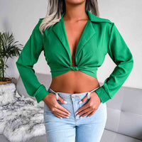 Long Sleeve Shirt Knot Detail Collared Cropped Top