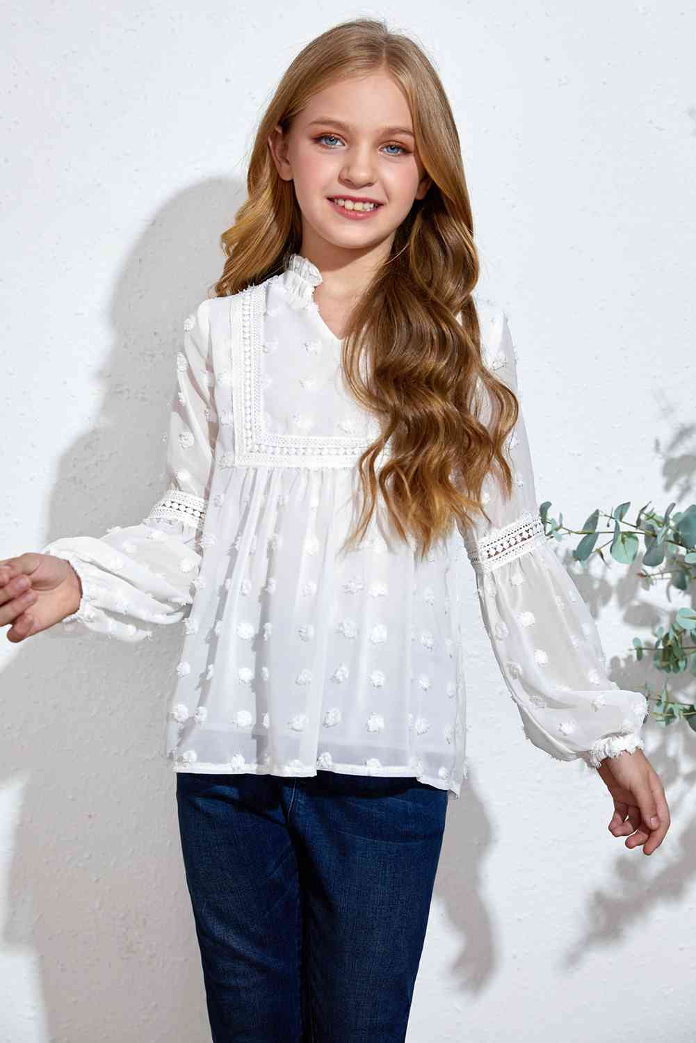 Girls Swiss Dot Spliced Lace Notched Blouse Kids Fashion