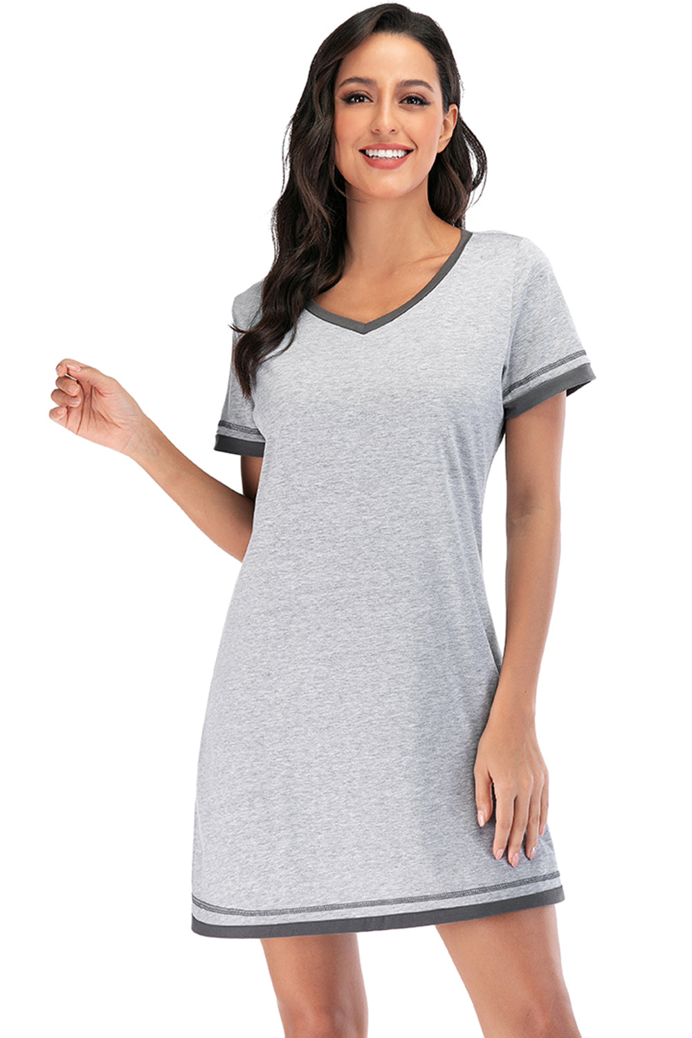 Pajama Dress Contrast Trim Short Sleeve Lounge Dress