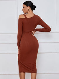 KESLEY Off the Shoulder Ribbed Ruched Drawstring Wrap Slit Long Sleeve Dress