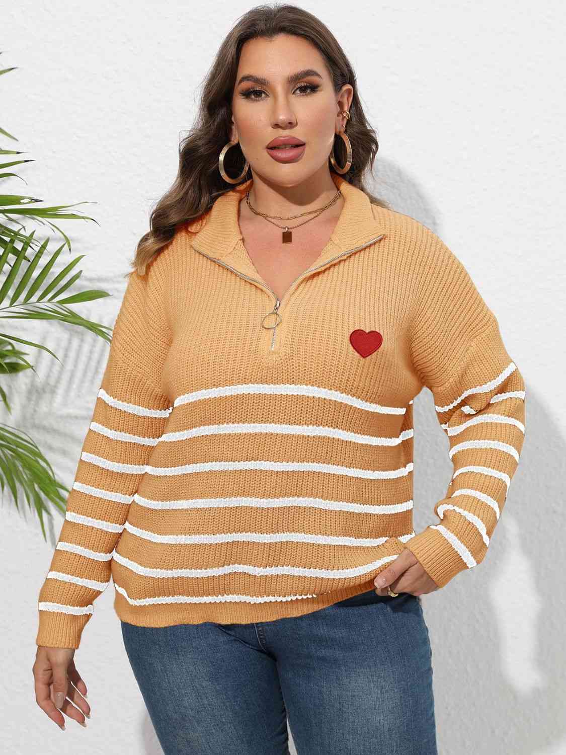 Plus Size Zip-Up Striped Sweater with heart print