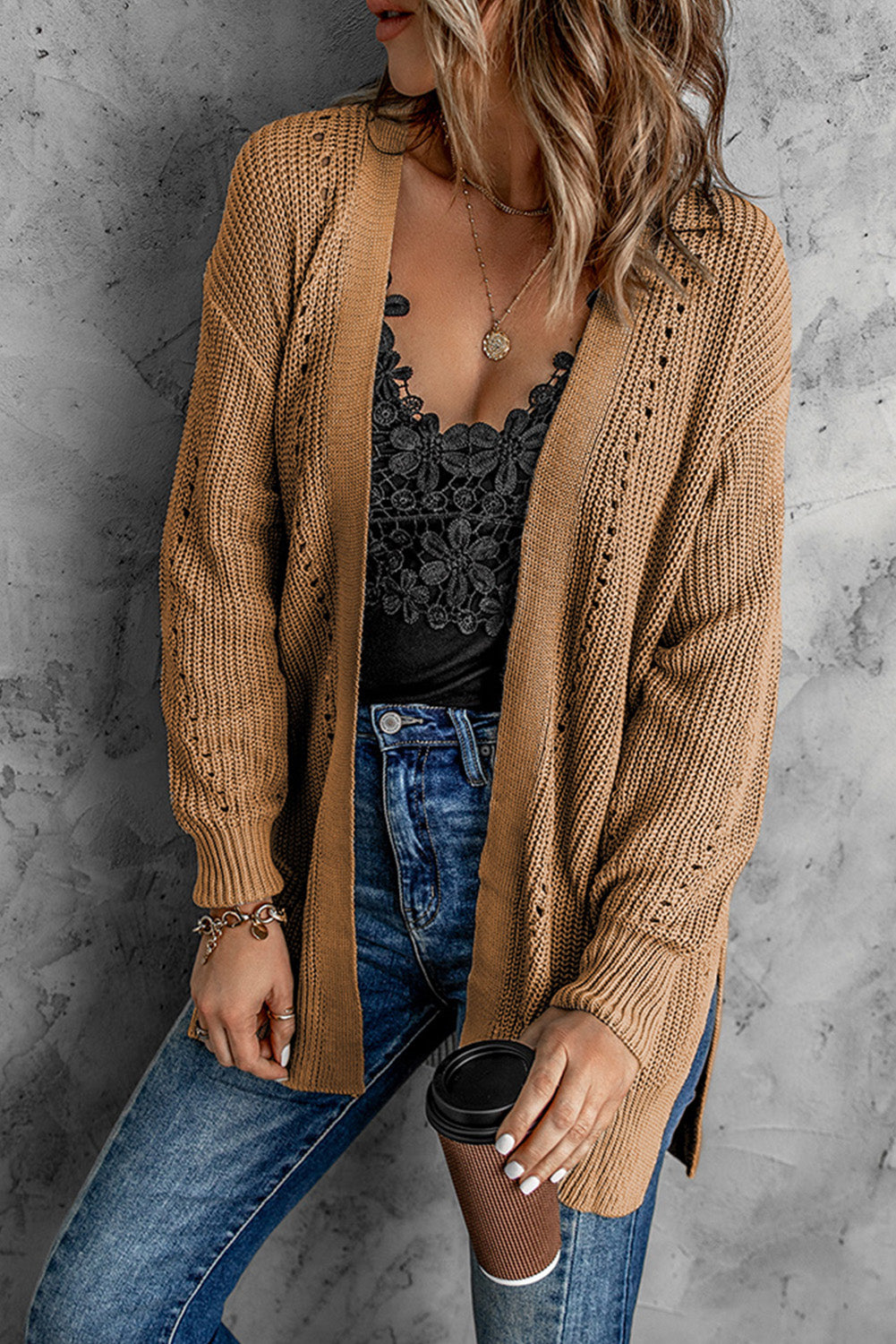 Woven Right Openwork Rib-Knit Slit Cardigan