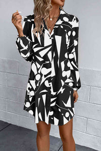 Women's Casual Black and White Geometric Pattern Long Sleeve Shirt Dress