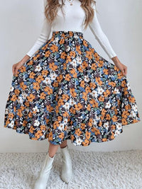 Printed Ruffle Hem Midi Skirt