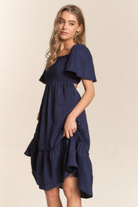 Navy Blue Dress Women's Fashion Casual Backless Short Sleeve Smocked Bow Back Ruffle Hem Dress KESLEY