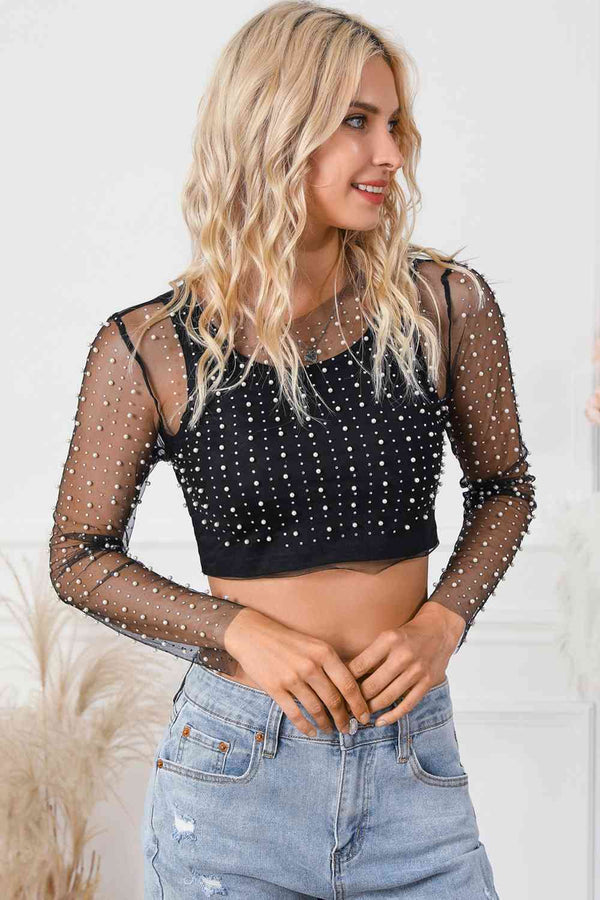 long sleeve crop tops, lace crop tops, mesh crop tops, mesh shirts, see thorugh shirts, lace sexy shirts, lace casual tops, lace top with pearls, cute tops, sexy tops, casual tops, mesh sleeve tops, cute clothes, long sleeve shirts, blouses, outfit ideas, casual clothing for women 