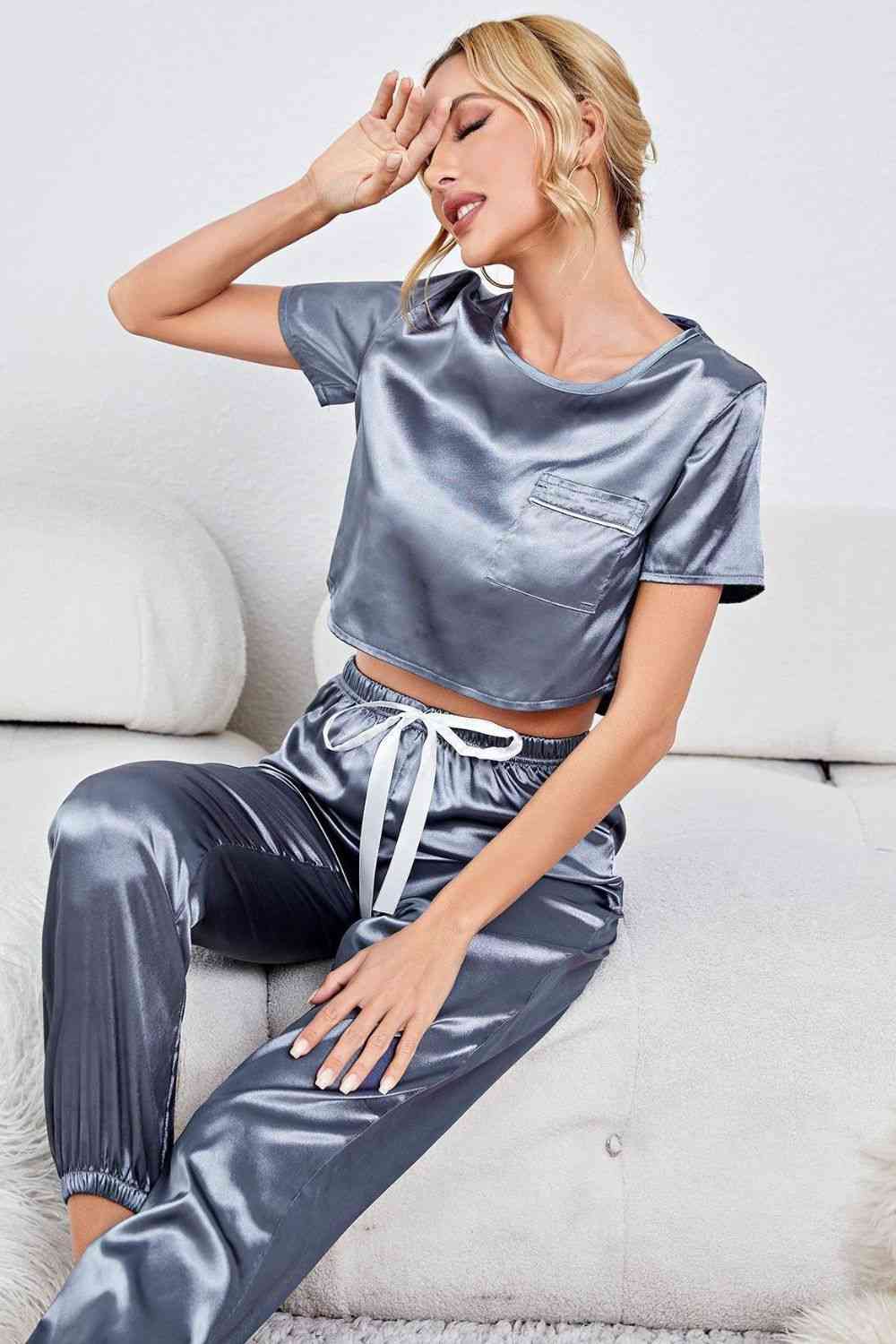 Womens Satin Pajamas Short Sleeve Crop Top and Joggers Lounge Set