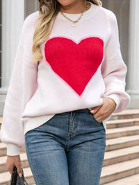 Fashion Sweater Women's Fashion Red Heart Print Round Neck Long Sleeve Sweater