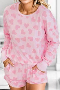 Heart Print Round Neck Top and Shorts Lounge Set Pajama Set Fashion Pajamas