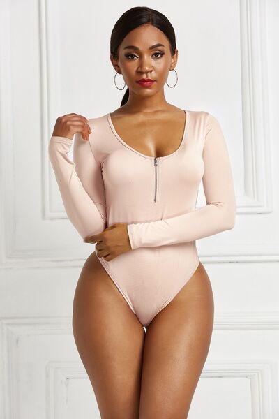 Half Zip Scoop Neck Long Sleeve Top Womens Shirt Bodysuit