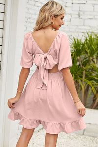 Women's Casual Sundress Backless Ruched Ruffle Hem Short Sleeve Dress