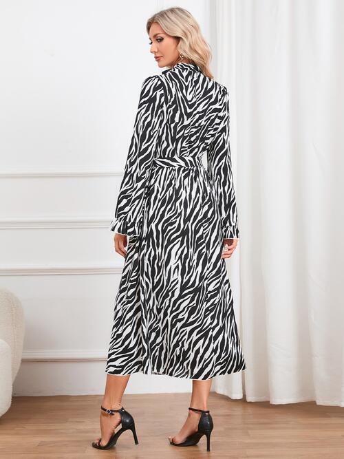 Animal Print Tie Front Ruffle Trim Long Sleeve Casual Maxi Midi Dress