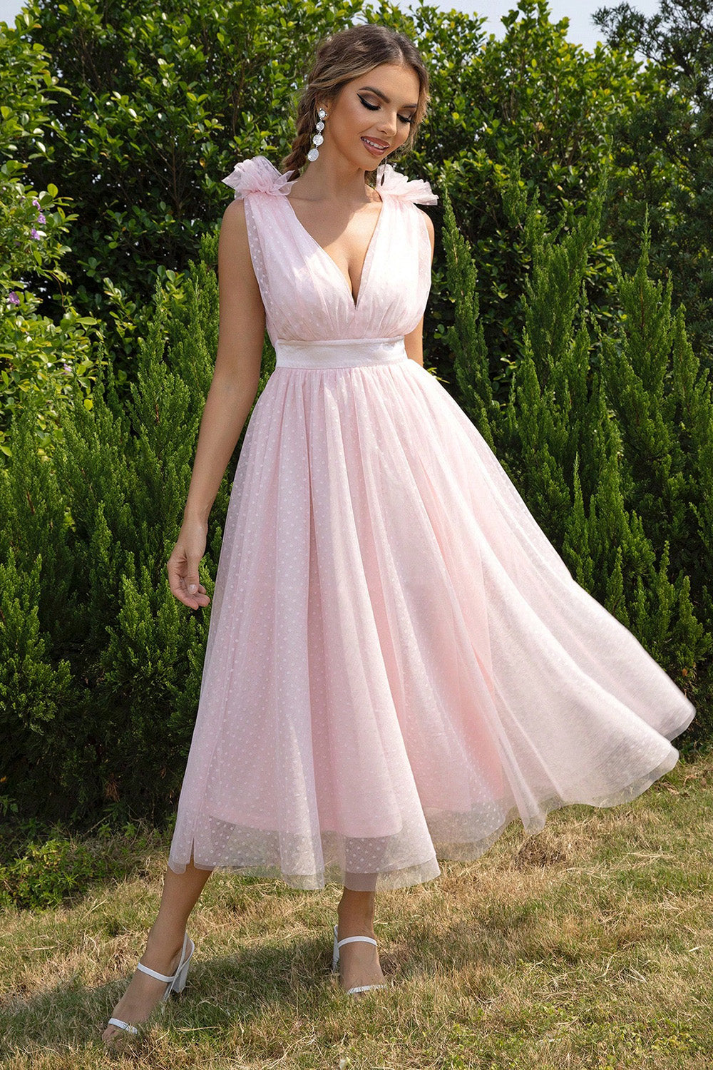 Pink Polka Dot Flowy Tied Ruffle Shoulder Sleeveless Dress