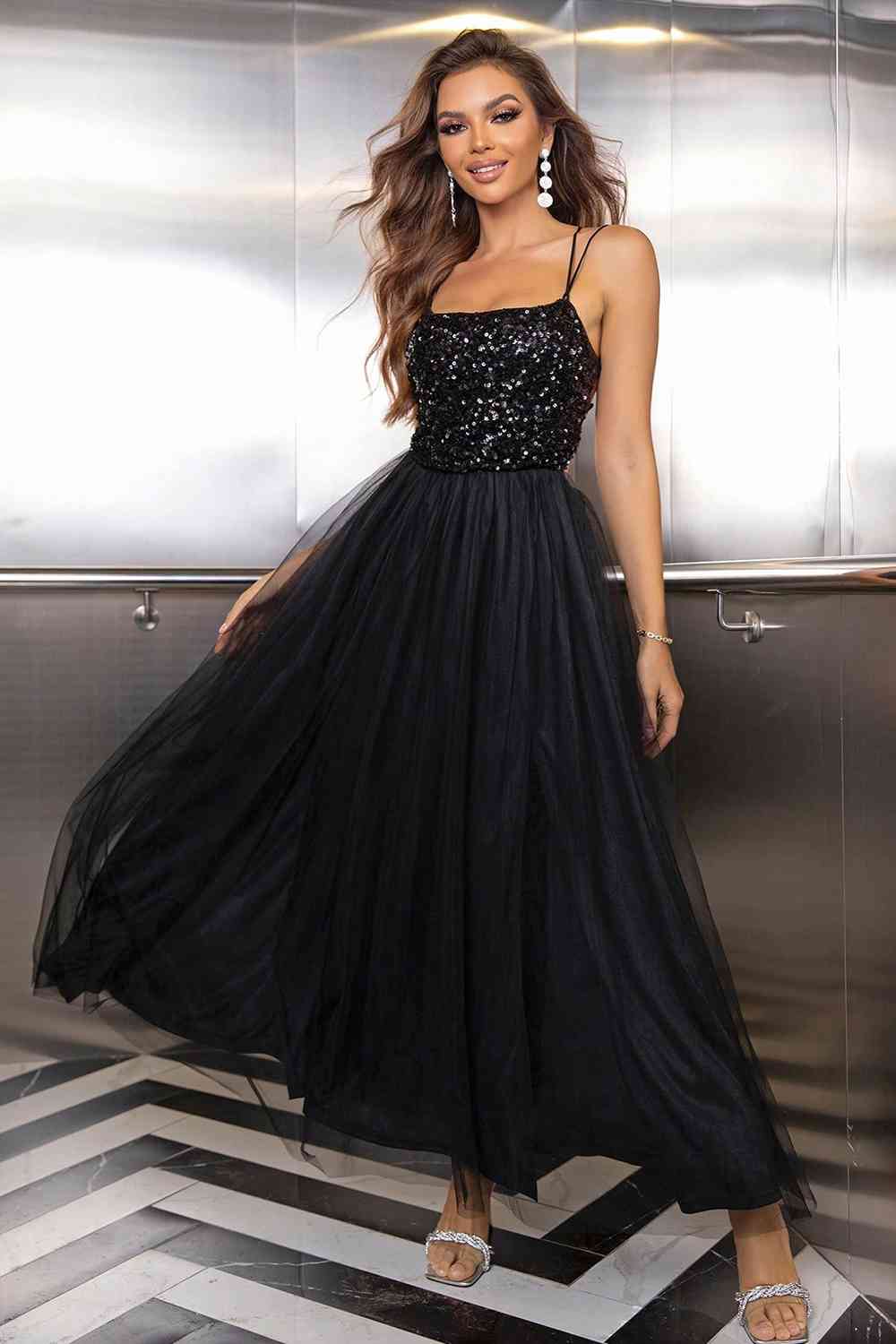 Sequin Maxi Formal Dress Lace-Up Backless Mesh Puff Skirt