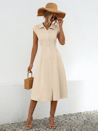 Casual Back Tie Short Sleeve Collar Dress New Women's Fashion Button Up Cap Sleeve Midi Dress