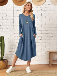 Women's Casual Maxi T-Shirt Dress With Pockets Loungewear Fashion Pocketed Round Neck Long Sleeve Tee Dress