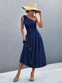 Women's Casual Maxi Dress Asymmetrical One Shoulder Smocked Waist Midi Dress