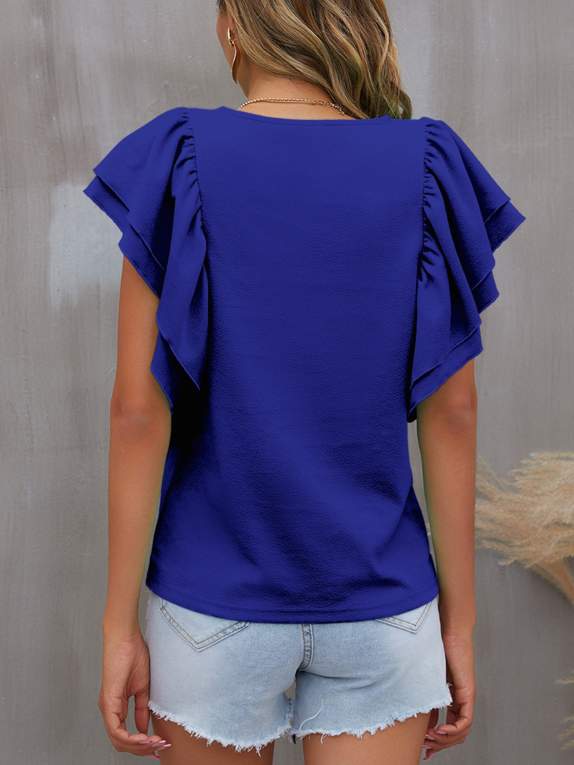 Round Neck Flounce Sleeve Blouse Solid Color Women's Short Sleeve Top