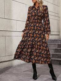 Womens Paisley Printed Long Sleeve Collared Casual Midi Dress