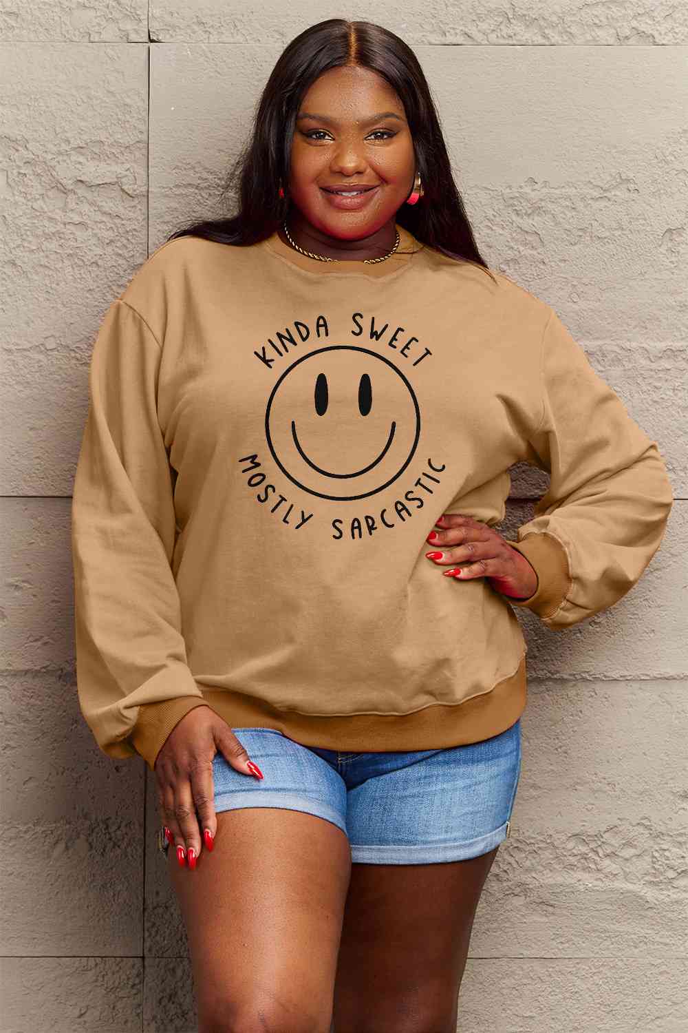 Smiling Face Graphic Sweatshirt Petite and Plus Size Fashion Sweater Happy Face