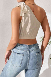 100% Cotton Shirt Cropped One-Shoulder Striped Tie Shoulder Tank Crop Top