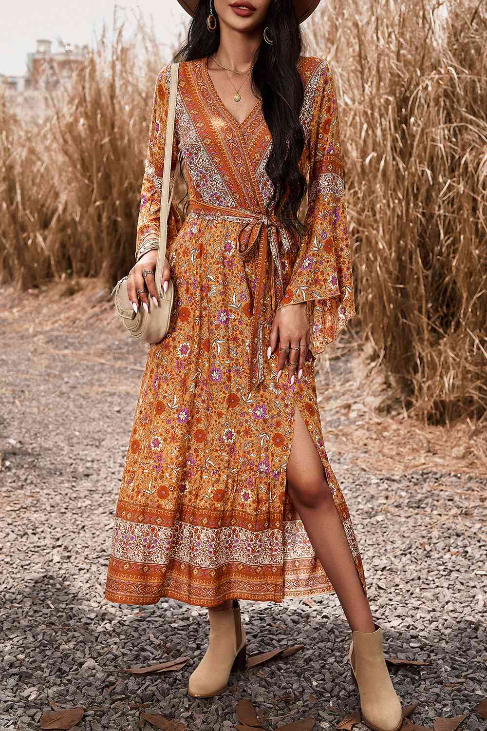 Bohemian Surplice Neck Slit Dress