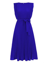 Round Neck Tie -Waist Pleated Short Sleeve Midi Dress Womens Fashion