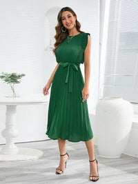 Round Neck Tie -Waist Pleated Short Sleeve Midi Dress Womens Fashion