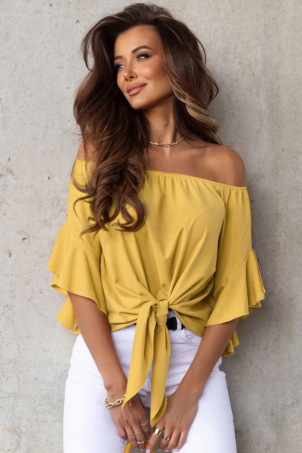 Women's Casual Shirt Off-Shoulder Tie Hem Blouse