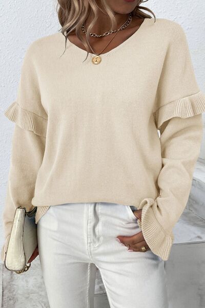 V-Neck Ruffle Trim Long Sleeve Fashion Sweater Women’s Fashion