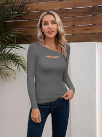 Solid Color Long Sleeve Cotton T-Shirt Women's Fashion Asymmetrical Neck Cutout Slim Fit Casual Top