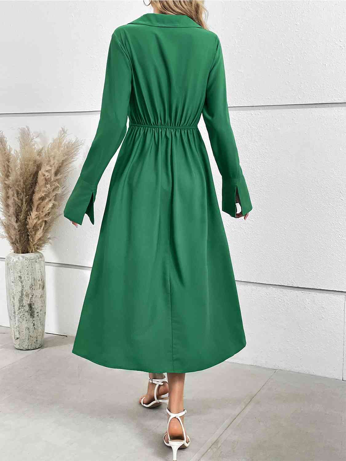 Women's Green Flare Sleeve Slit Midi Dress Professional Work Attire and Casual Wear