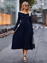 Womens Off-Shoulder Comfortable Ruched Midi Flare Dress for Special Occasions Elegant