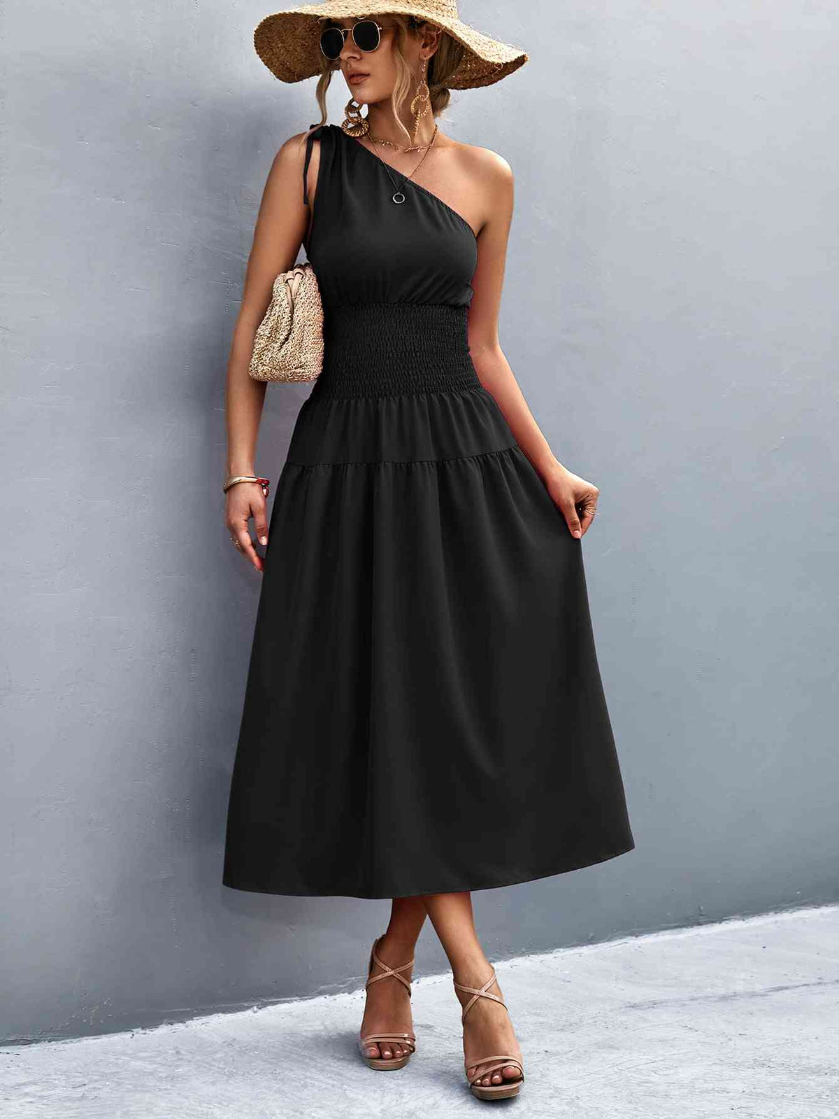 Women's Casual Maxi Dress Asymmetrical One Shoulder Smocked Waist Midi Dress