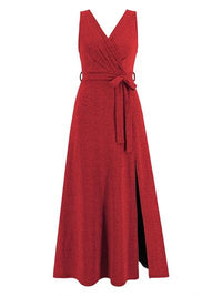 Event Elegant Slit Surplice Tie Waist Sleeveless Midi Maxi Dress