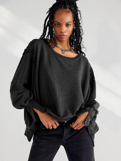 Baggy Sweater Loose Fit Slit Round Neck Dropped Shoulder Long Sleeve Sweatshirt T-Shirt