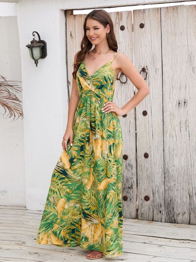 Vacation Jungle Printed Surplice Spaghetti Strap Maxi Dress