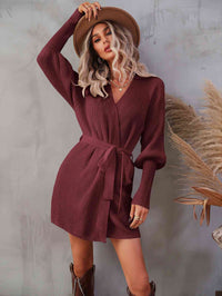 Women's Fashion Long Open Sweater Belted Surplice Lantern Sleeve Wrap Sweater Dress