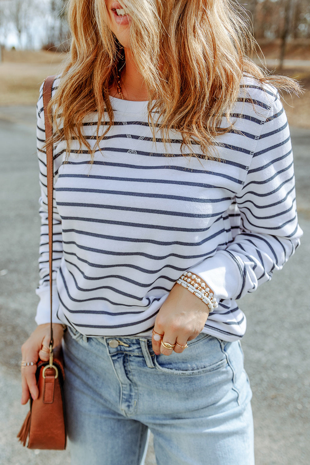 Women's Striped Long Sleeve Shirt Round Neck Basic Top