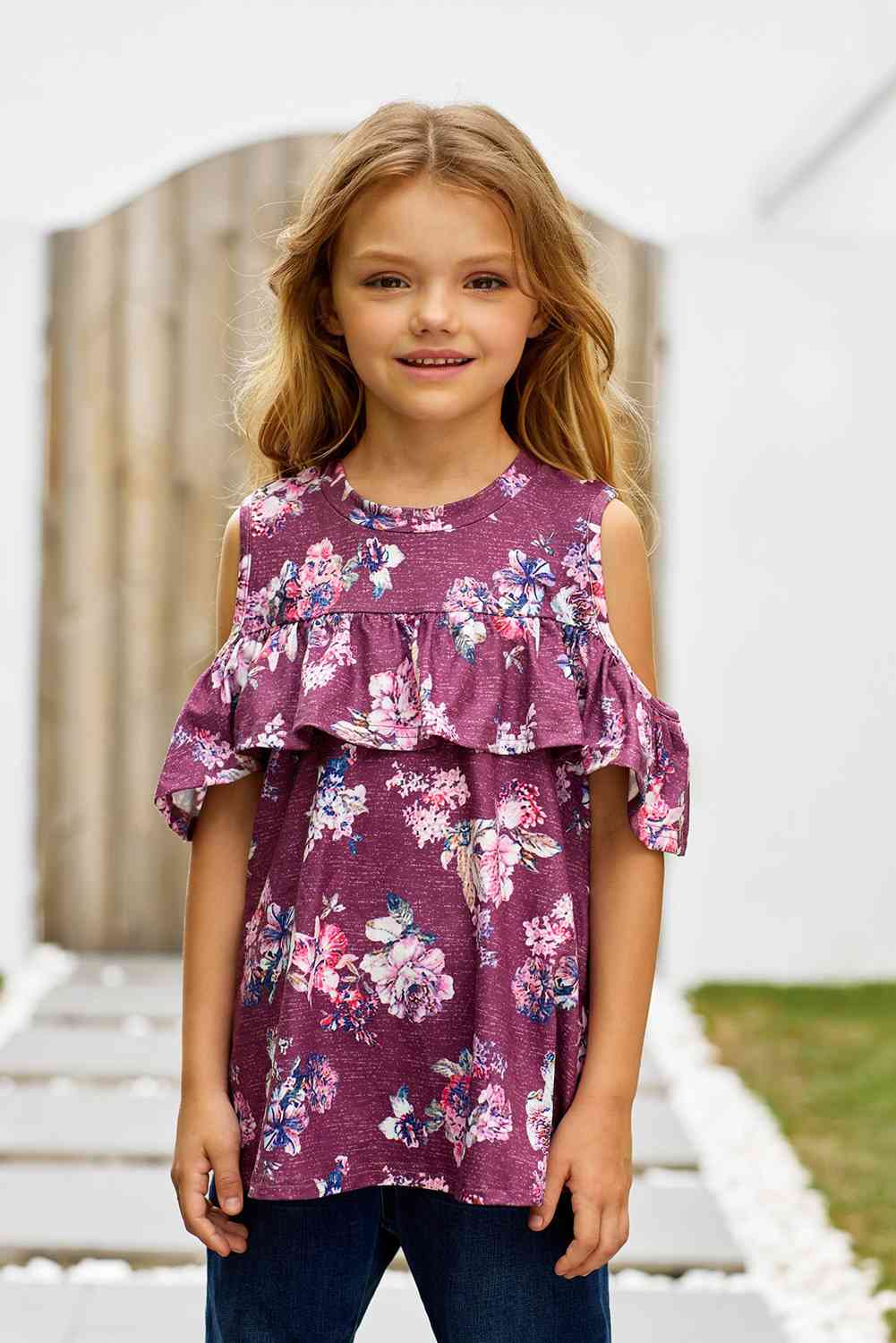 Girls Floral Cold-Shoulder Ruffled Top Kid's Fashion