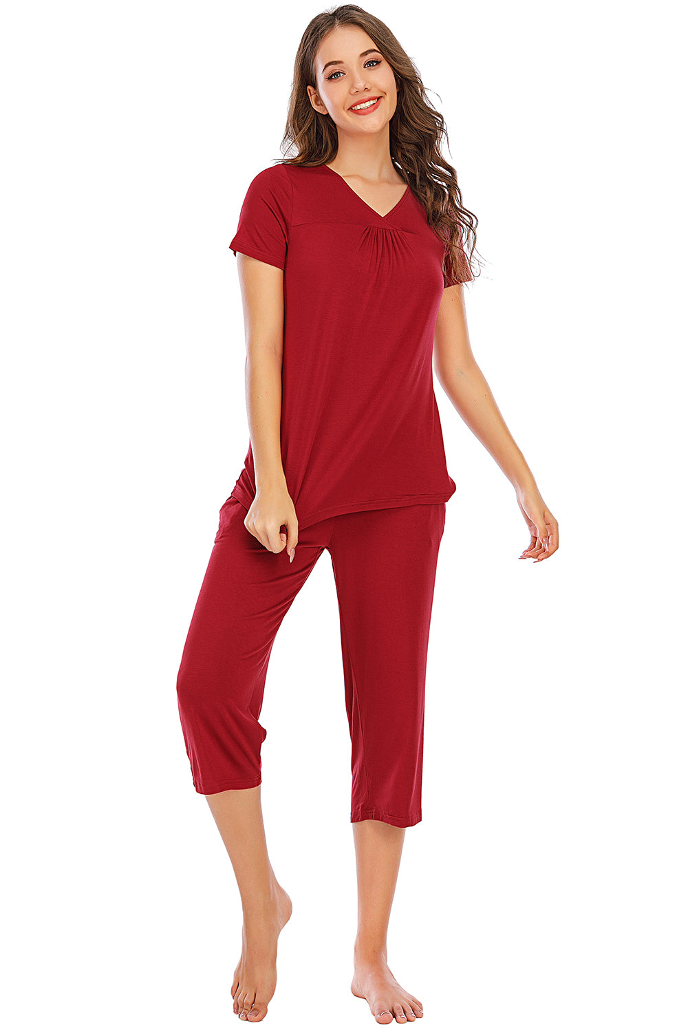 Pajama Set Women's V-Neck Short Sleeve Top and Pants Lounge Set