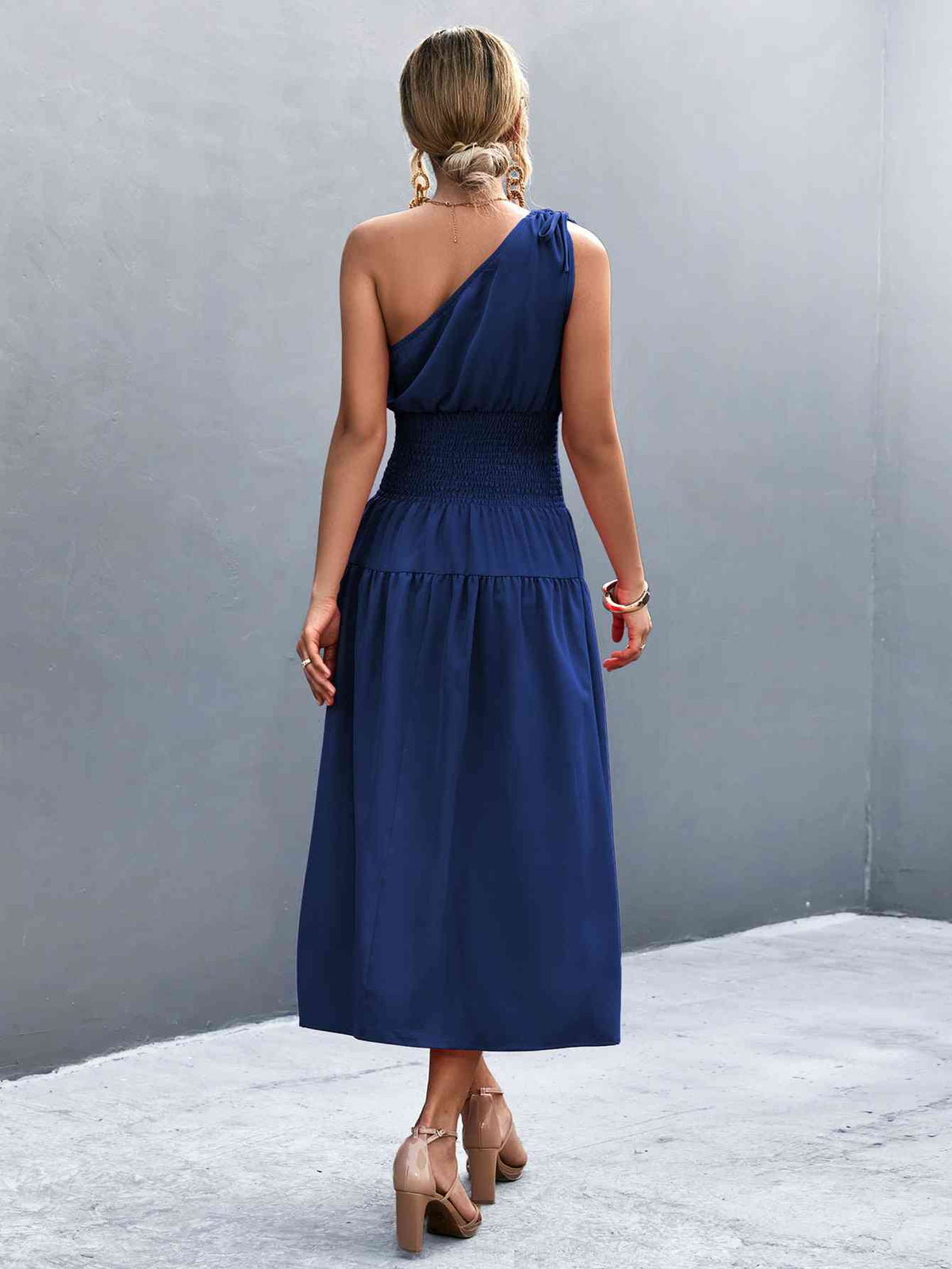 Women's Casual Maxi Dress Asymmetrical One Shoulder Smocked Waist Midi Dress