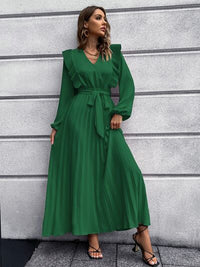 Long Sleeve Maxi Dress Pleated Surplice Waist Tie Midi