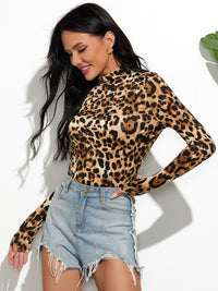 Leopard Mock Neck Long Sleeve T-Shirt Women's Tight Fit Cheetah Print Long Sleeve Blouse