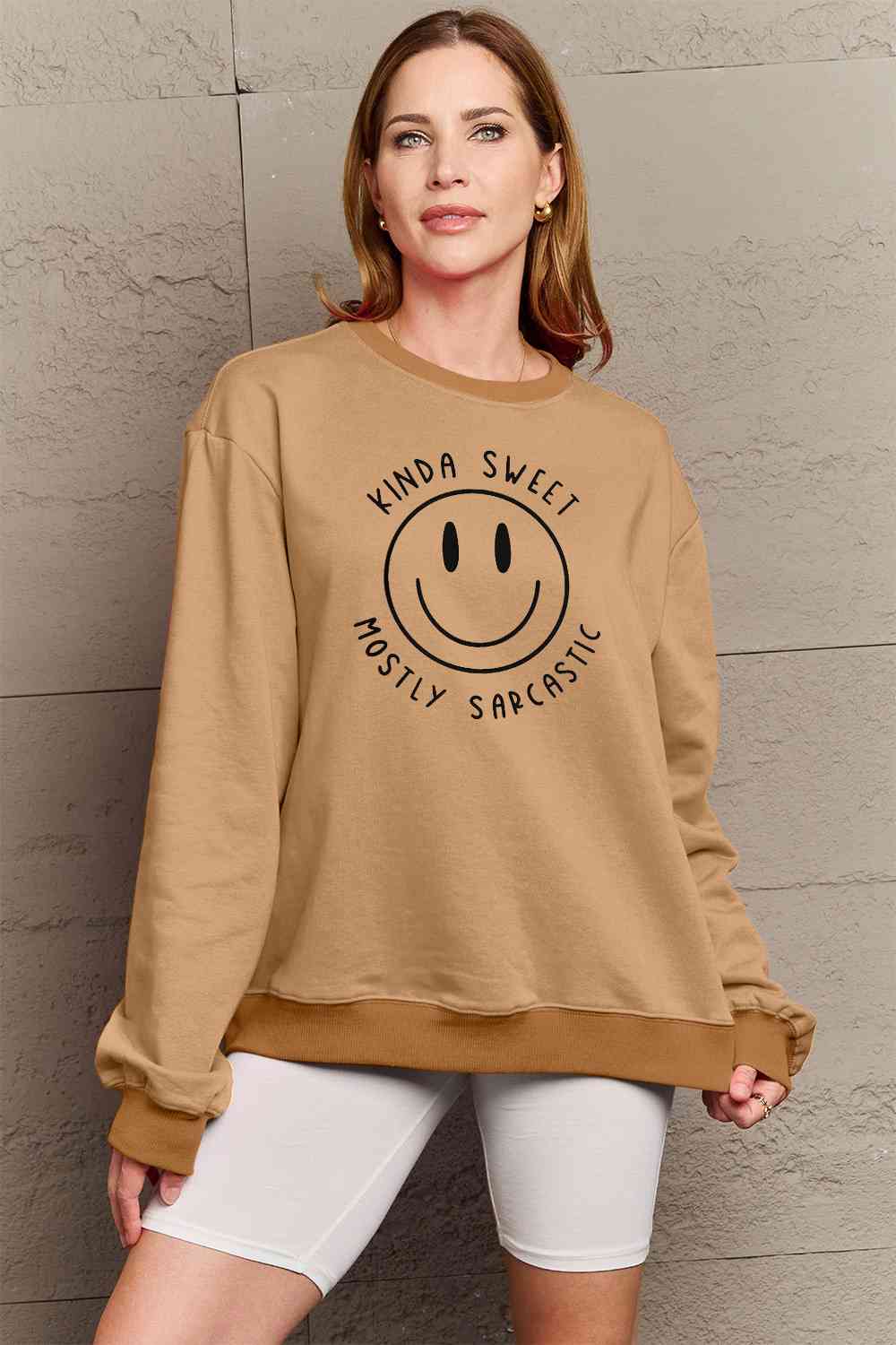 Smiling Face Graphic Sweatshirt Petite and Plus Size Fashion Sweater Happy Face